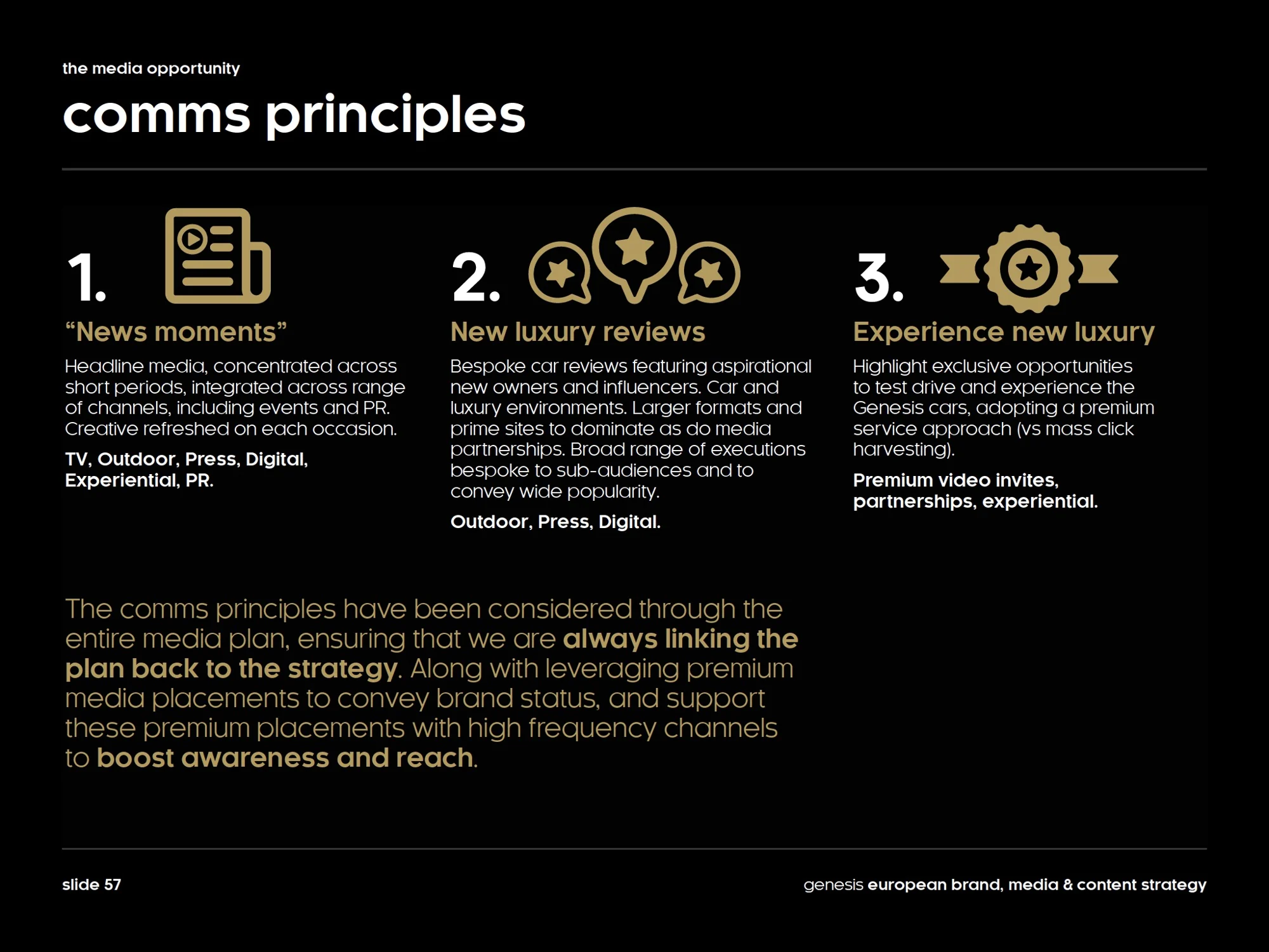 communications principles: news moments, new-luxury reviews and experience.